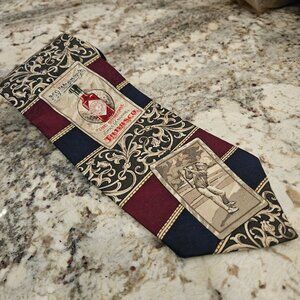 Vintage Tabasco Golf-Themed Tie With Burgundy & Navy Stripes And Intricate Gold